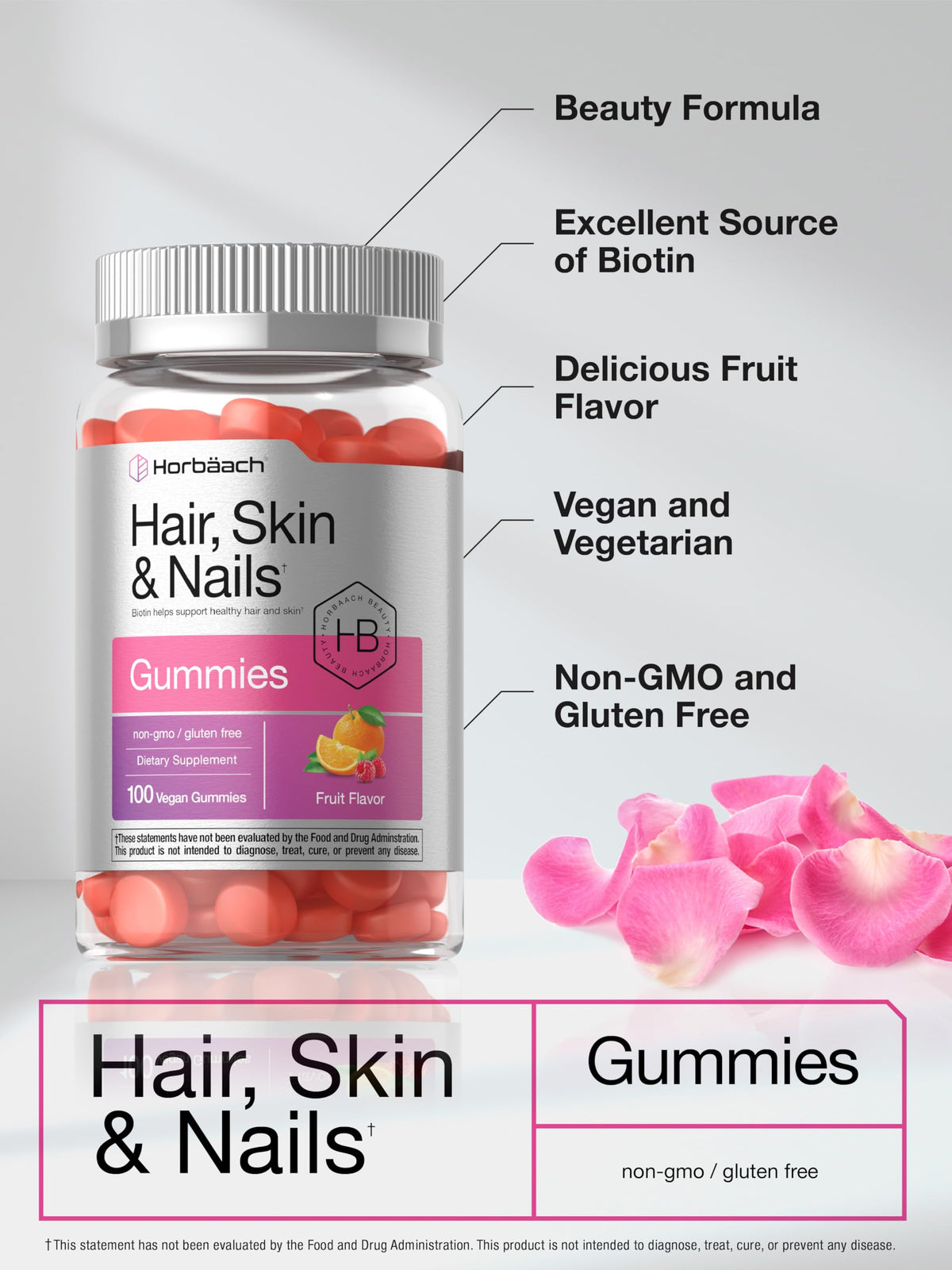 Horbäach Hair Skin and Nails Gummies with Biotin - 100 Count - image 4