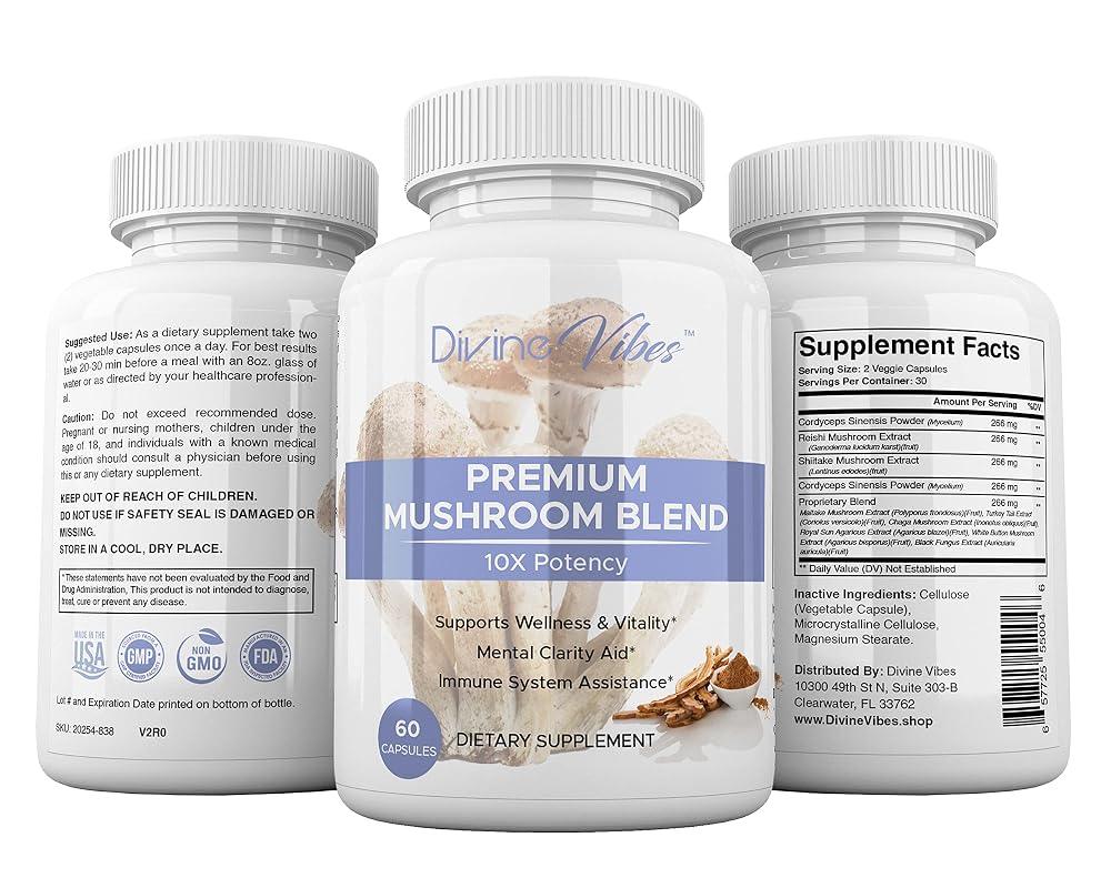 Divine Vibes Mushroom Supplement for Mental Clarity - 60 Capsules