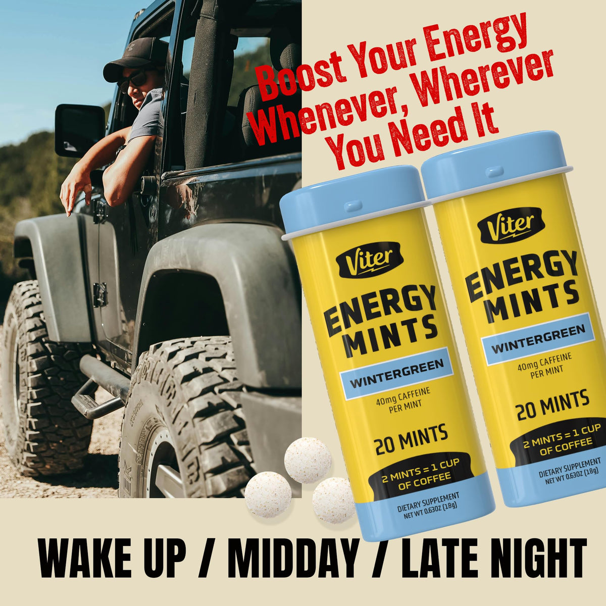 Viter Energy Caffeinated Mints 40mg Caffeine, B Vitamins, Sugar Free.
