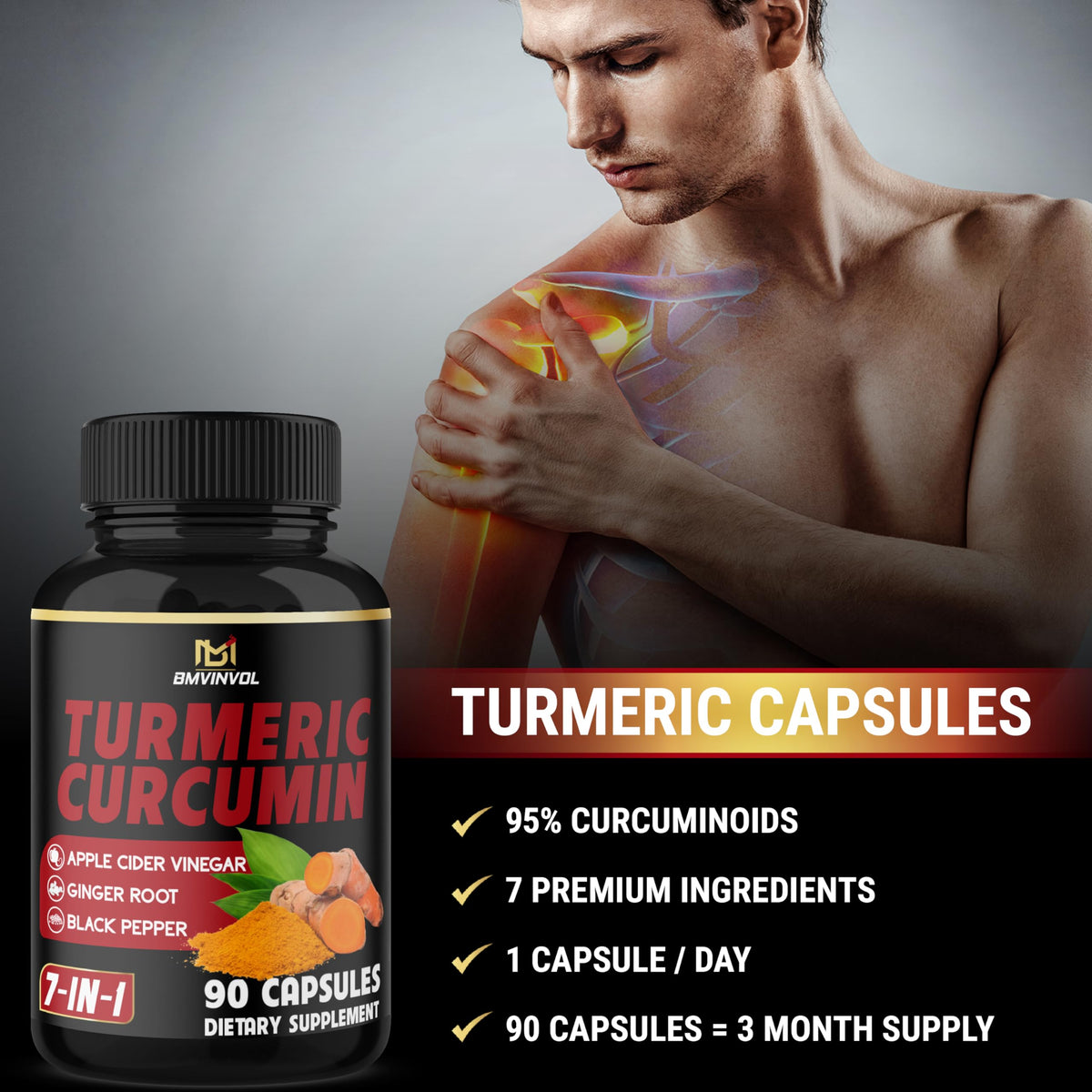 BMVINVOL Turmeric Curcumin 95% with Ginger & Black Pepper - 90 Capsules - image 6