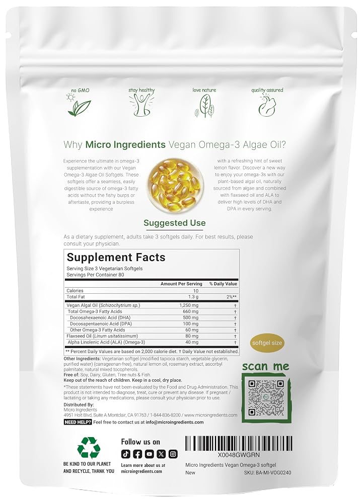 Micro Ingredients Vegan Omega 3 Algae Oil - 240 Softgels - image 2