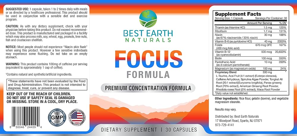 Best Earth Naturals Focus Formula Supplement for Concentration - 30 Capsules - image 3