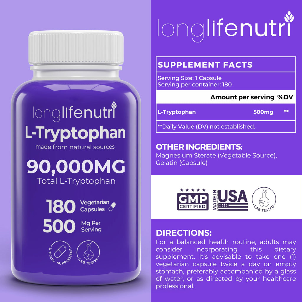 LongLifeNutri L-Tryptophan 500mg Sleep Support - 180 Vegetarian Capsules - image 2
