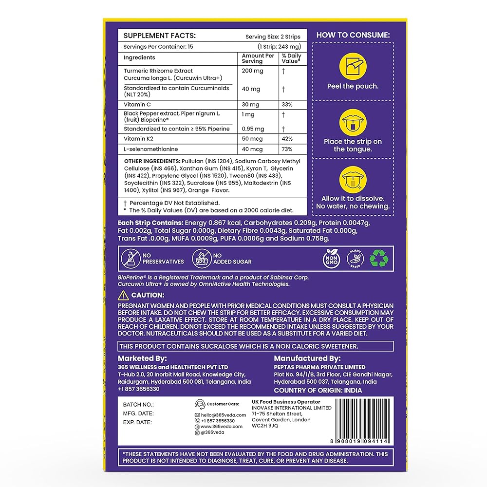 365veda Turmeric Curcumin Strips with Piperine & Vitamin C - 30 Oral Strips - image 2