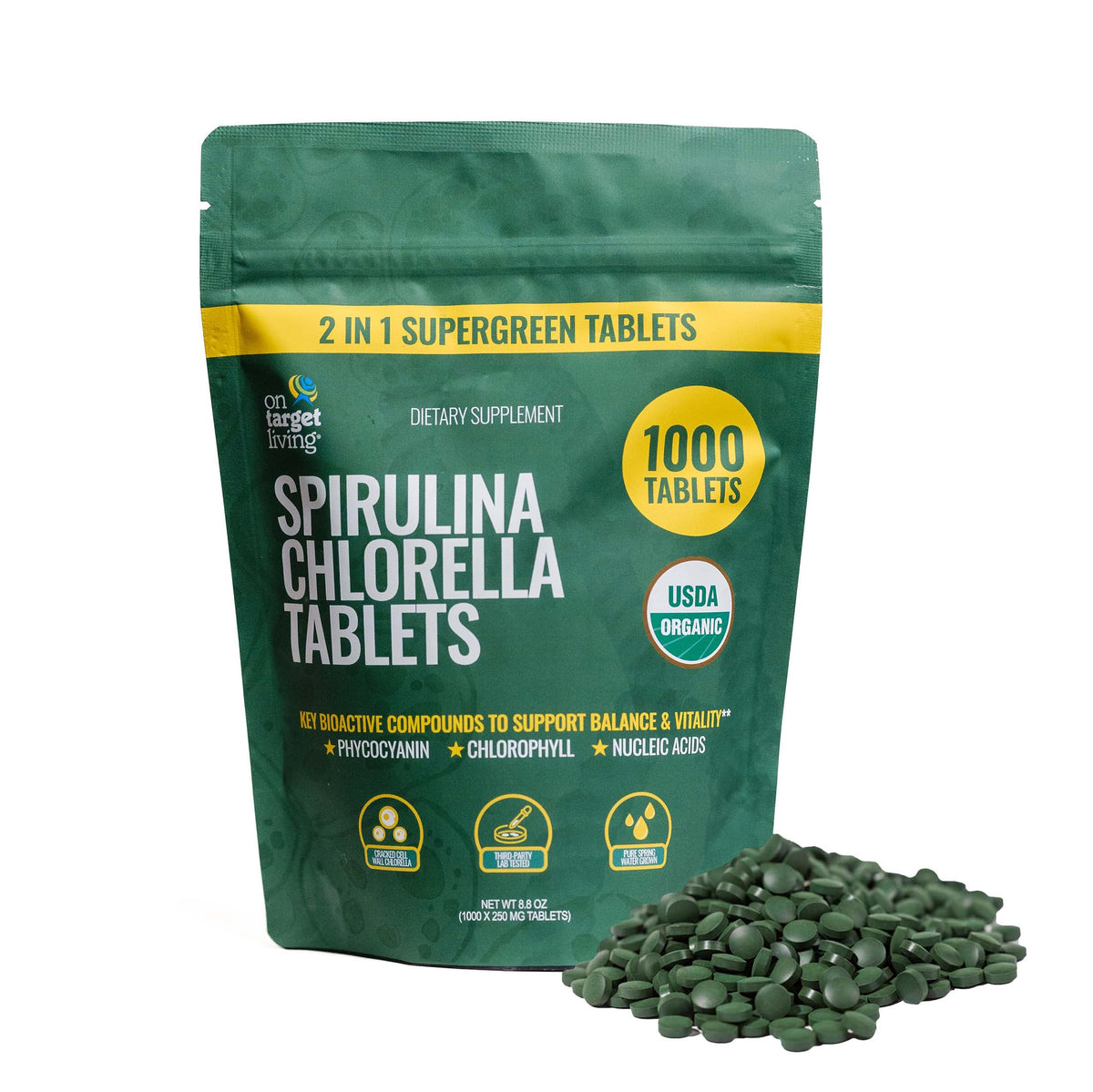 On Target Living Organic Spirulina Chlorella Tablets - 1000 Count