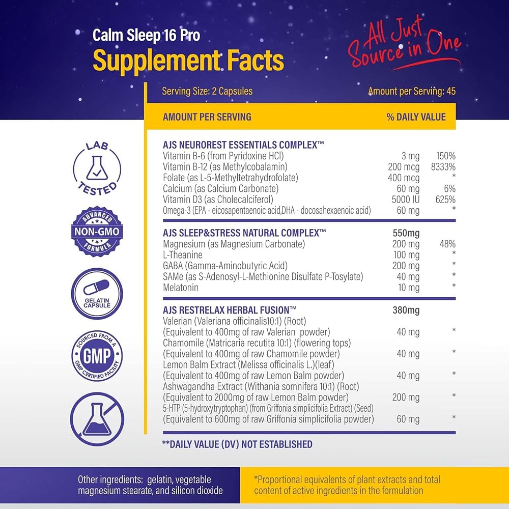 AJS Nutrition Calm Mood Support Sleep Aid Capsules - 120 Count - image 3