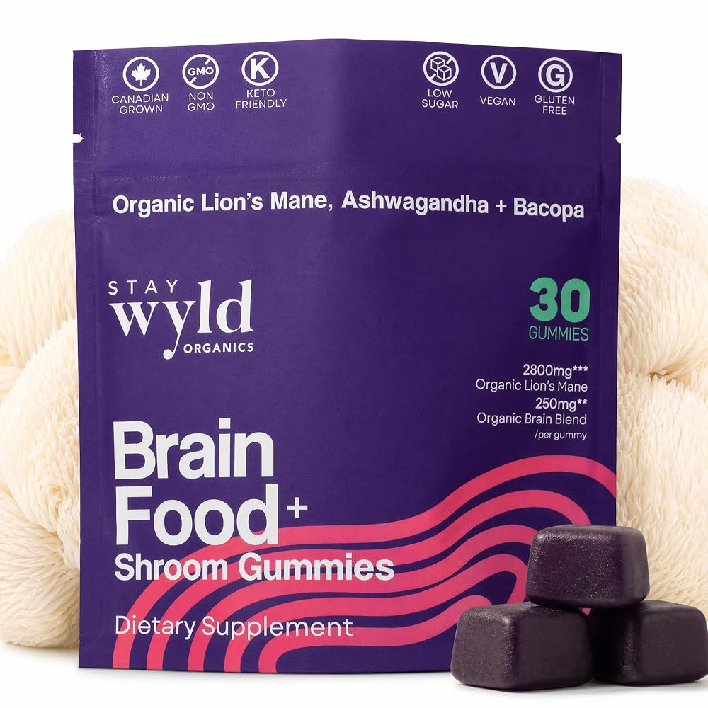 Stay Wyld Organics Brain Food+ Mushroom Gummies for Focus - 30 Servings