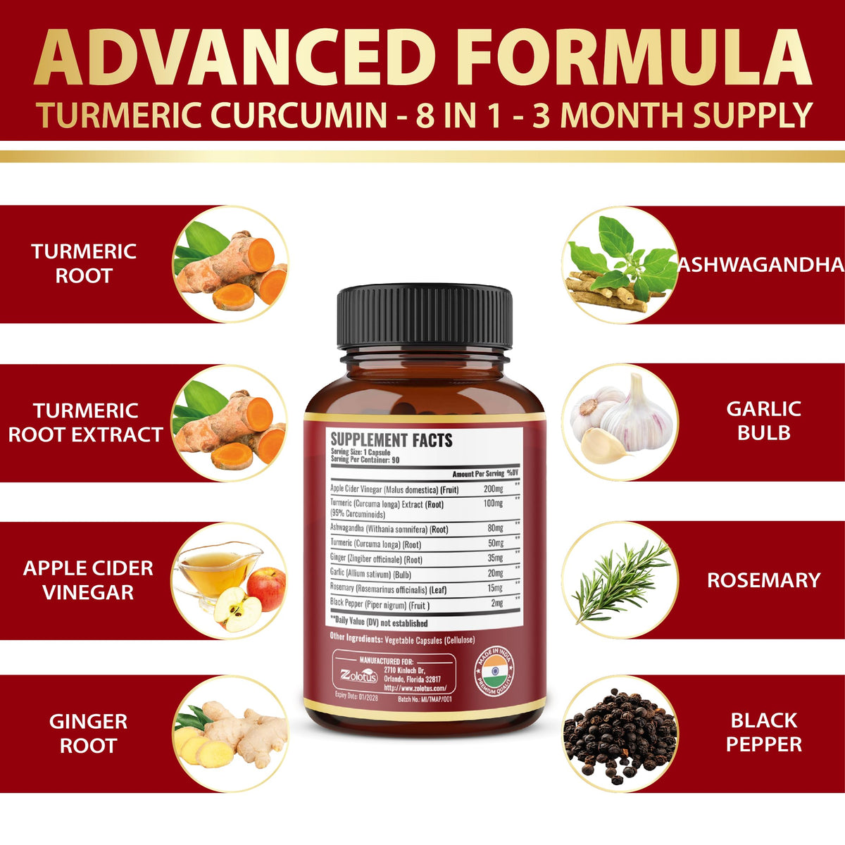 Zolotus Turmeric Curcumin with Apple Cider Vinegar Capsules - 90 Count - image 4
