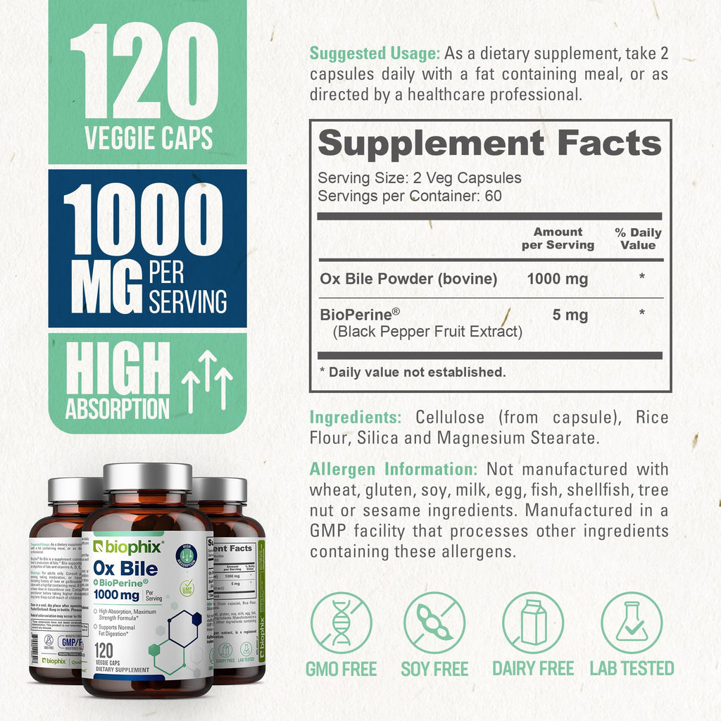 biophix Ox Bile 1000 mg with BioPerine - 120 Vegetarian Capsules - image 4