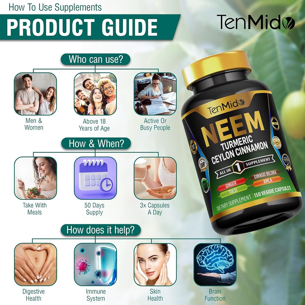 Tenmido Neem Leaf 8-in-1 Supplement Immune Health Support - 150 Capsules - image 6