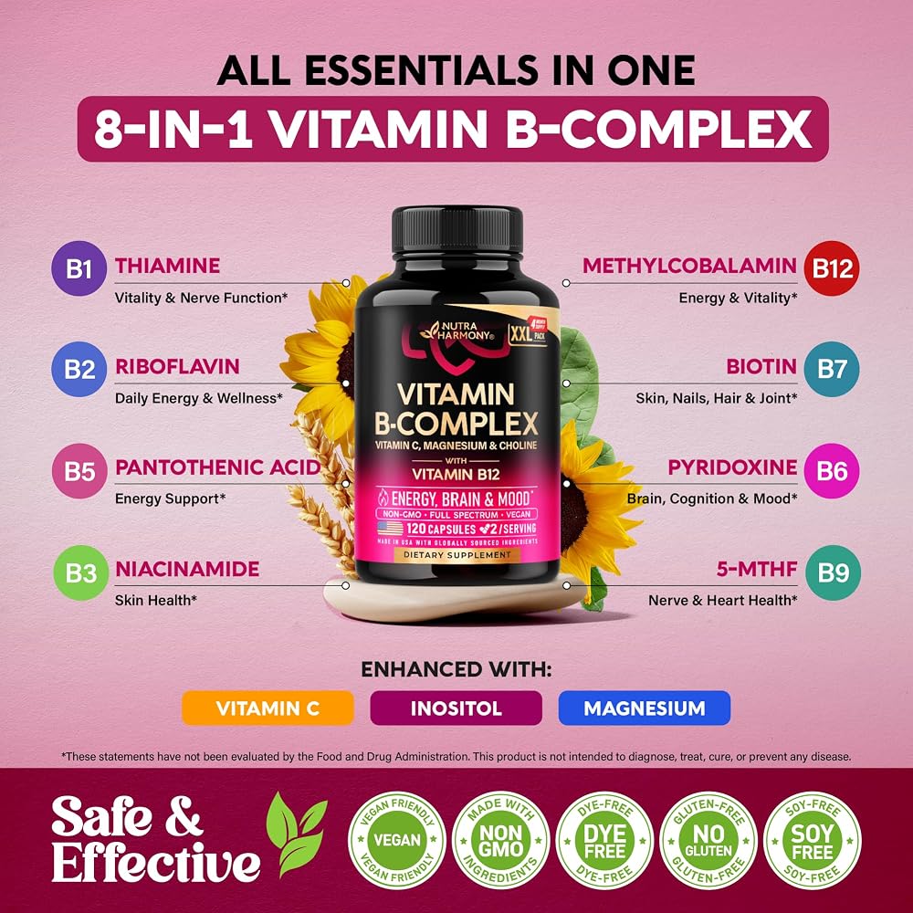 NUTRAHARMONY Vitamin B Complex for Energy & Stress Support - 120 Capsules - image 7