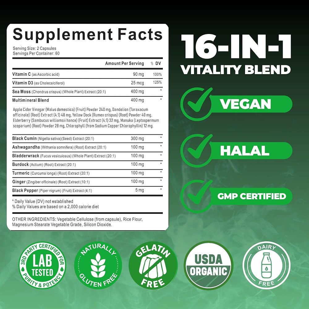 AyBet Organic Irish Sea Moss 16-in-1 Supplement - 120 Capsules - image 3
