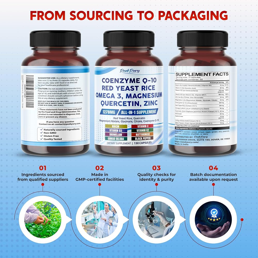 PeakPury CoQ10 Complex 1,278 mg with Red Yeast Rice - 150 Capsules - image 9
