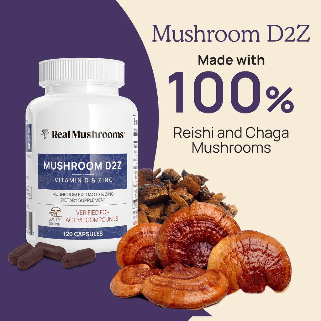 Real Mushrooms Zinc and Vitamin D2 Capsules – 120 Count - image 3