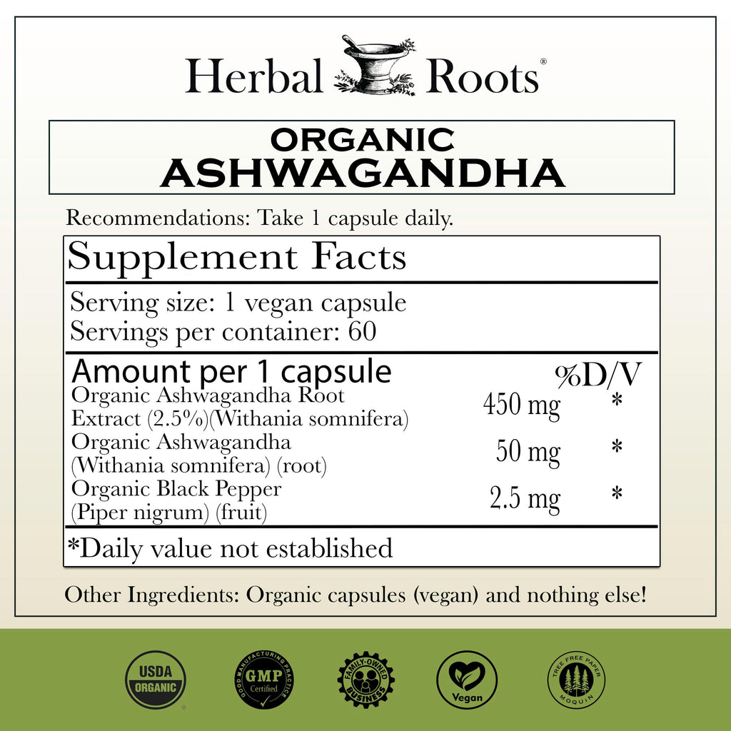 Herbal Roots Organic Ashwagandha Capsules Extra Strength - 60 Vegan Capsules - image 2