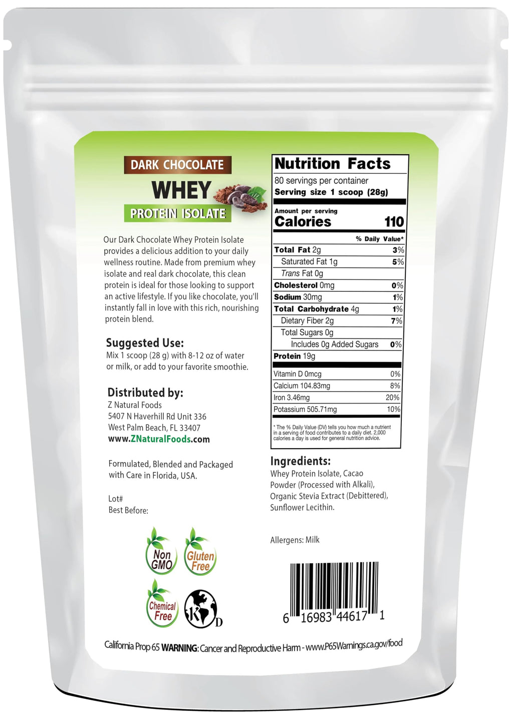 Z Natural Foods Whey Protein Isolate- Grass-Fed, No Sugar