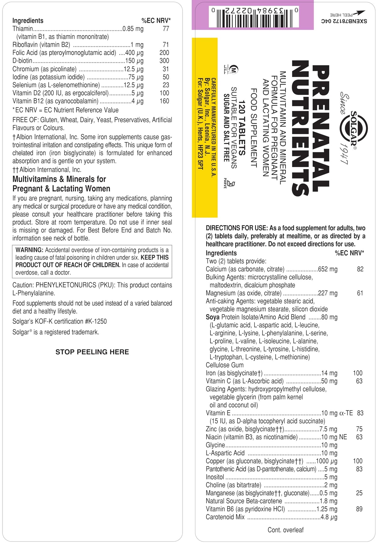 Solgar Prenatal Nutrients Tablet - 120 Tablets - image 2