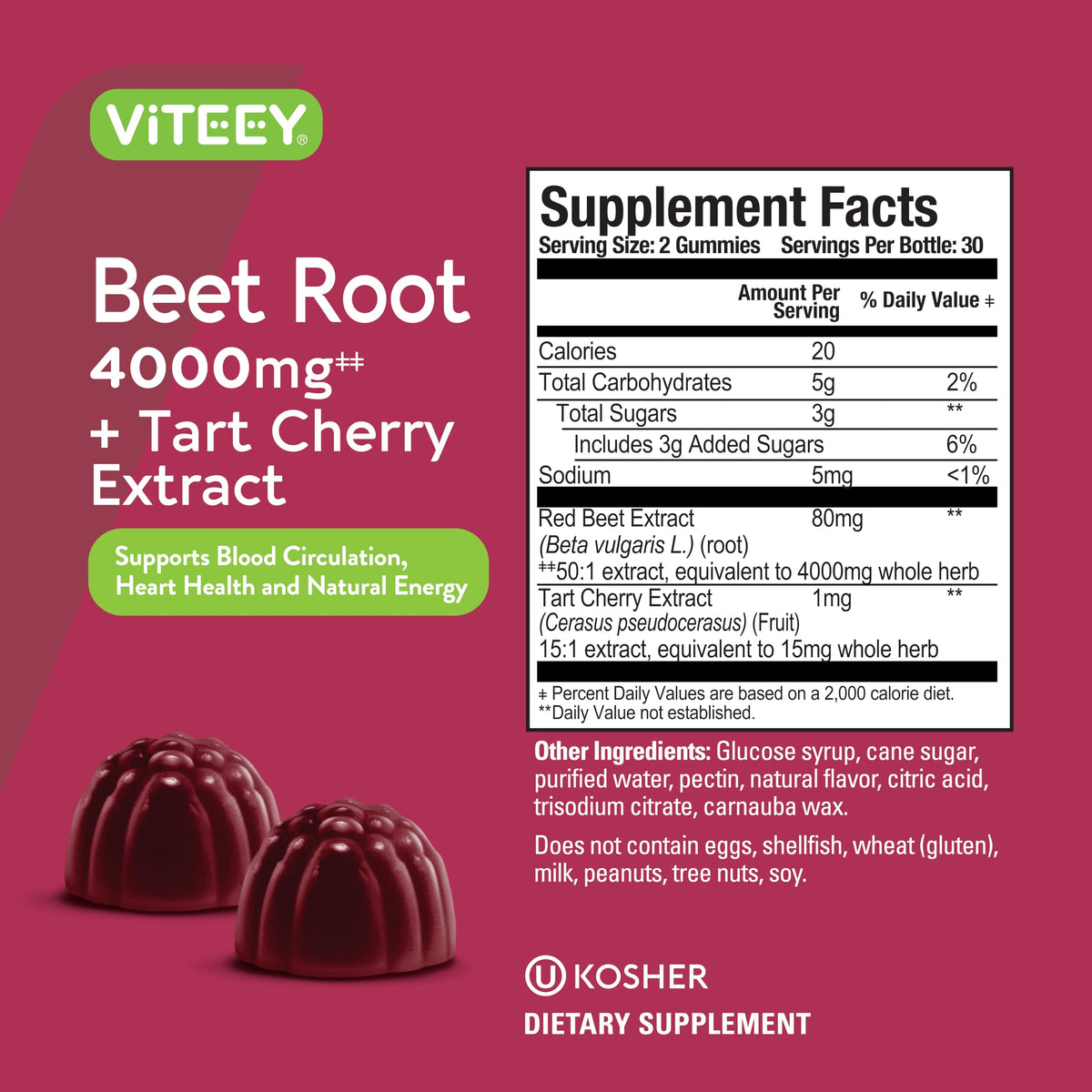 Viteey Beet Root Gummies 4000mg with Tart Cherry - 120 Gummies - image 4