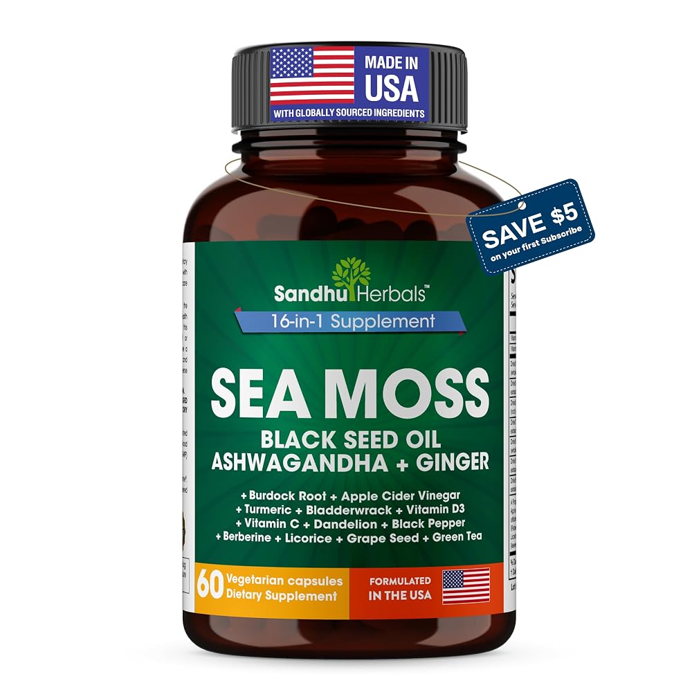 SANDHUHERBALS Sea Moss Capsules with Black Seed Oil & Ashwagandha - 60 Count
