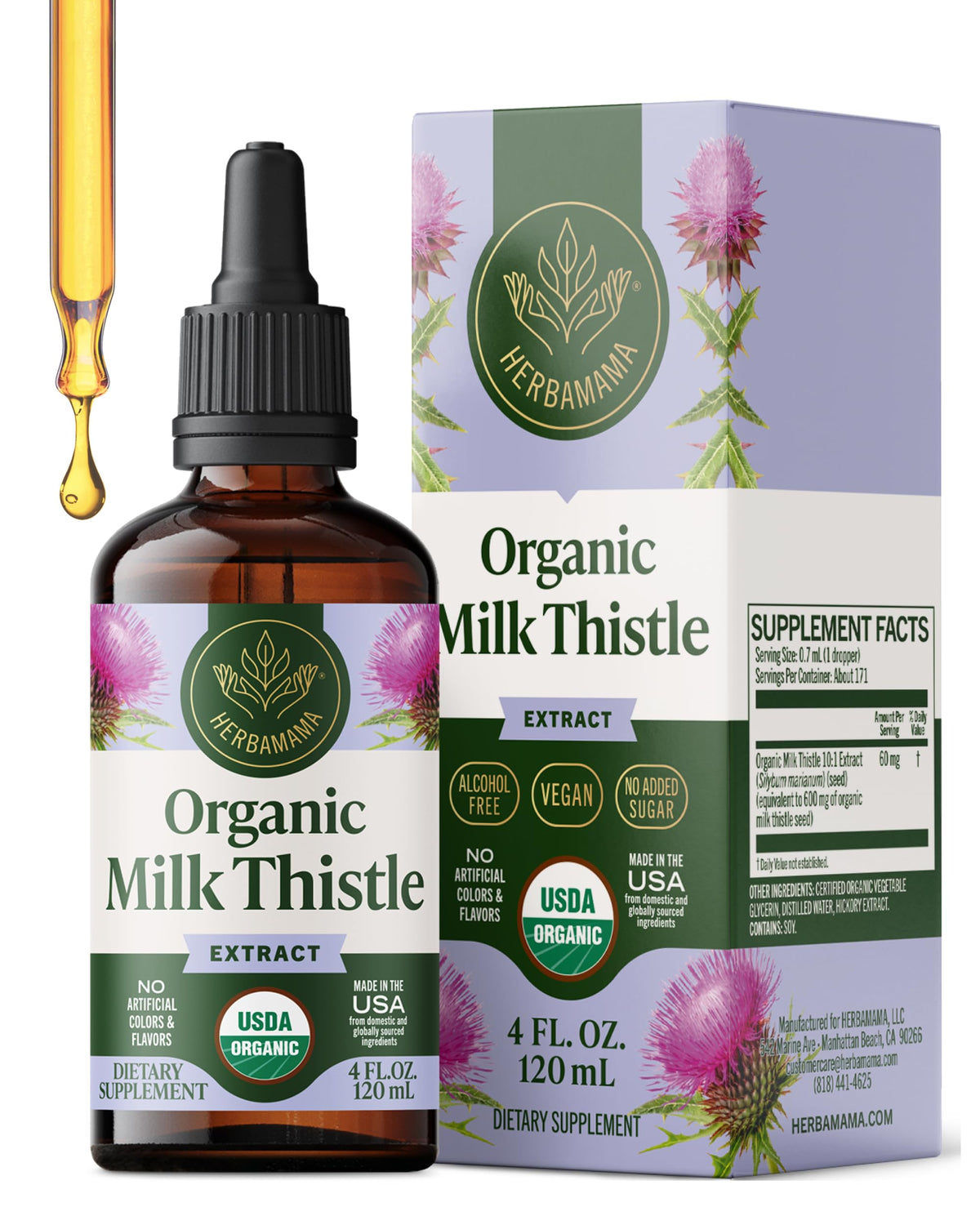 HERBAMAMA USDA Organic Milk Thistle Supplement for Liver Support - 4 oz