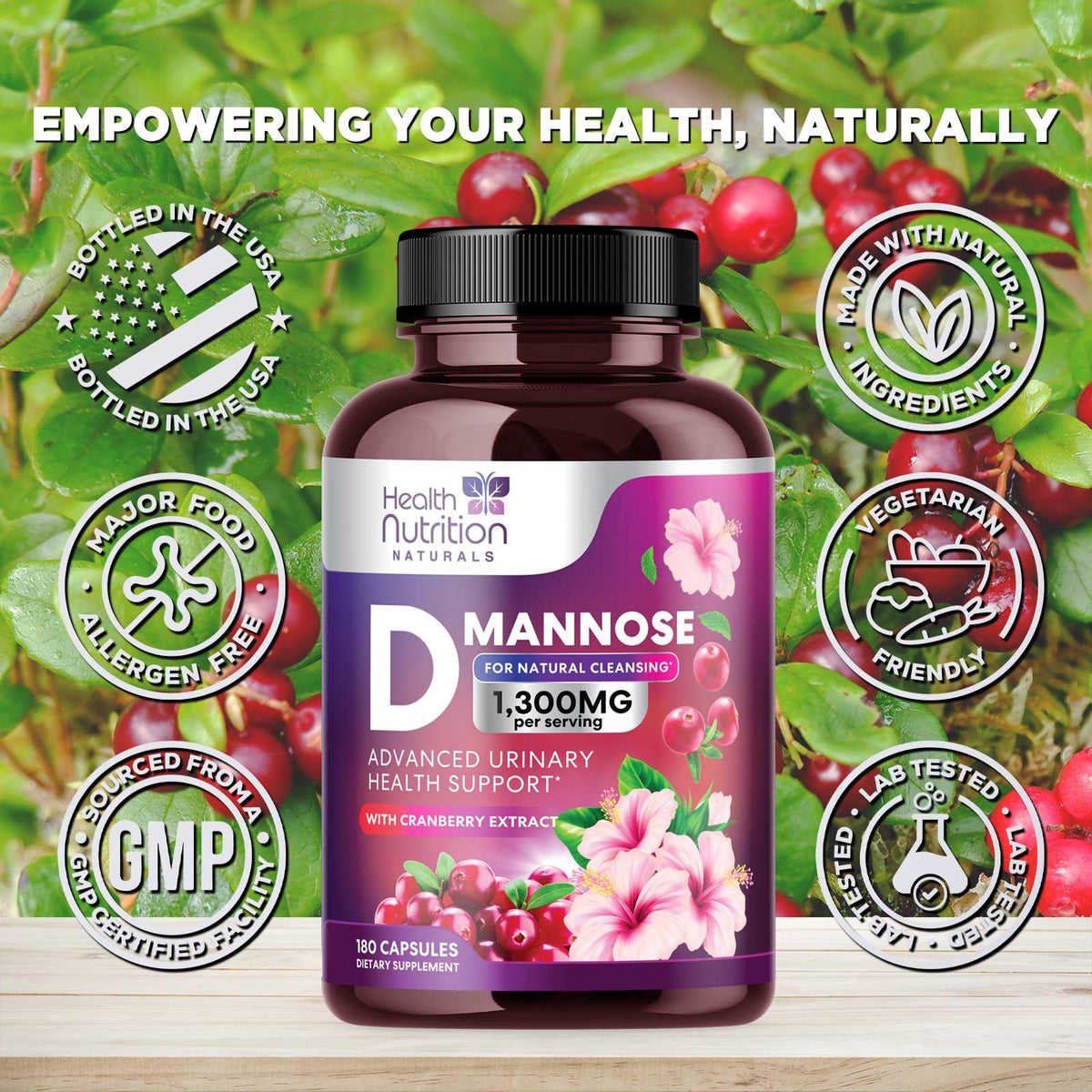 Health Nutrition Naturals D-Mannose 1300mg - Fast-Acting Organic D