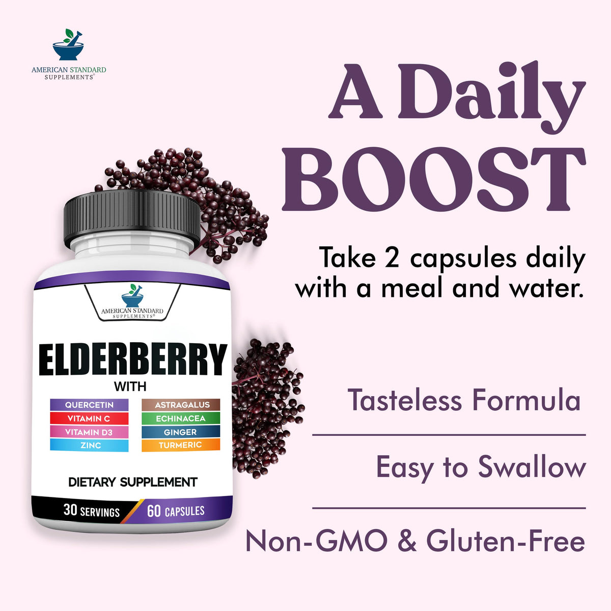 American Standard Supplements Elderberry Extract with Quercetin - 60 Capsules - image 4