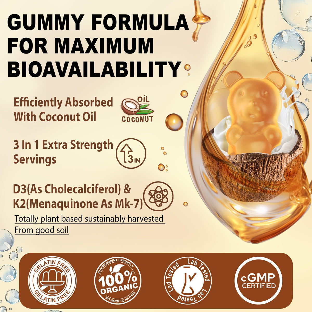 NEVISS Vitamin D3 K2 Gummies with Calcium - Vegan D3 5000 IU + K2