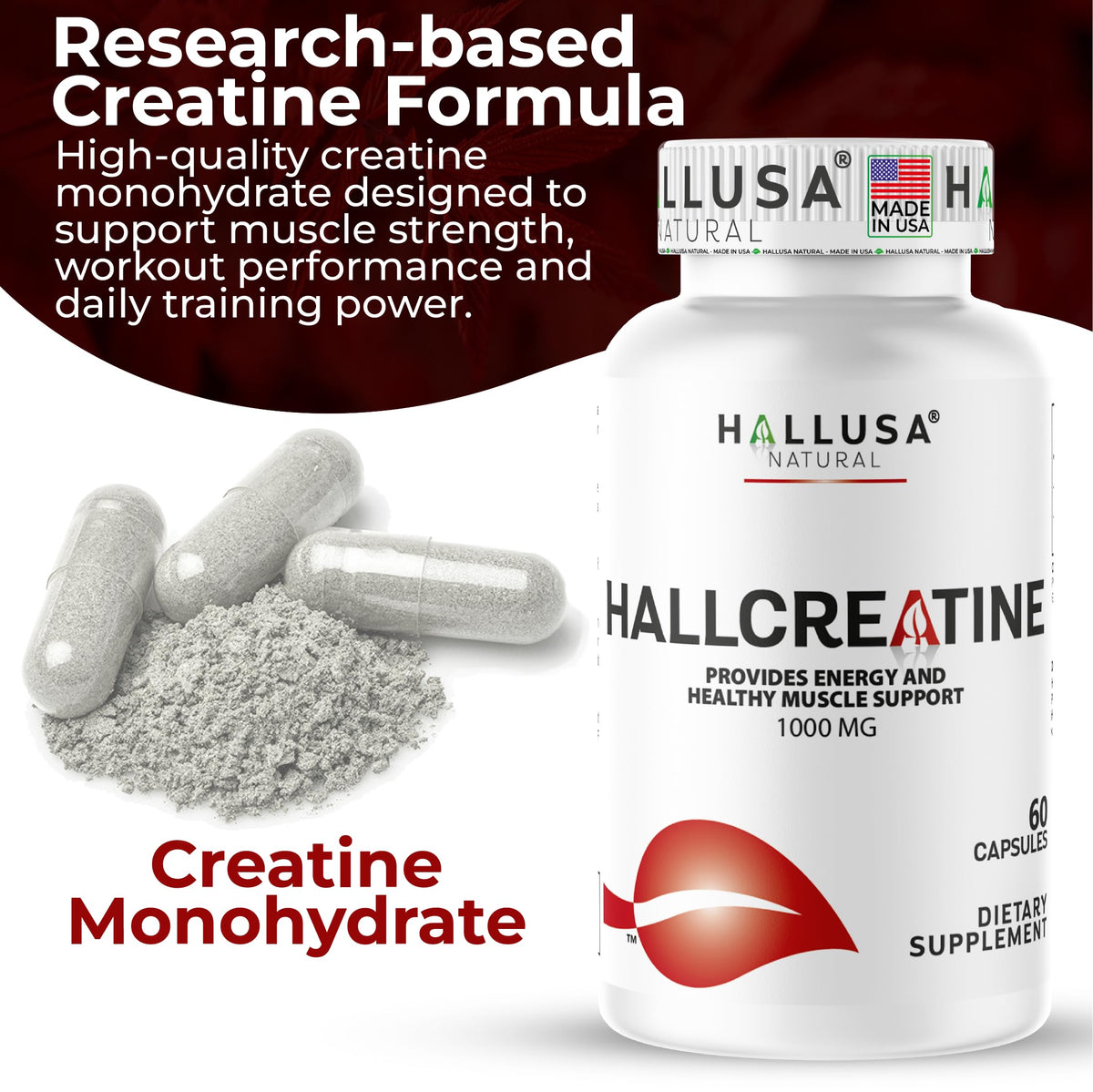 Hallusa Natural Creatine Monohydrate 1000 mg - 60 Capsules - image 4