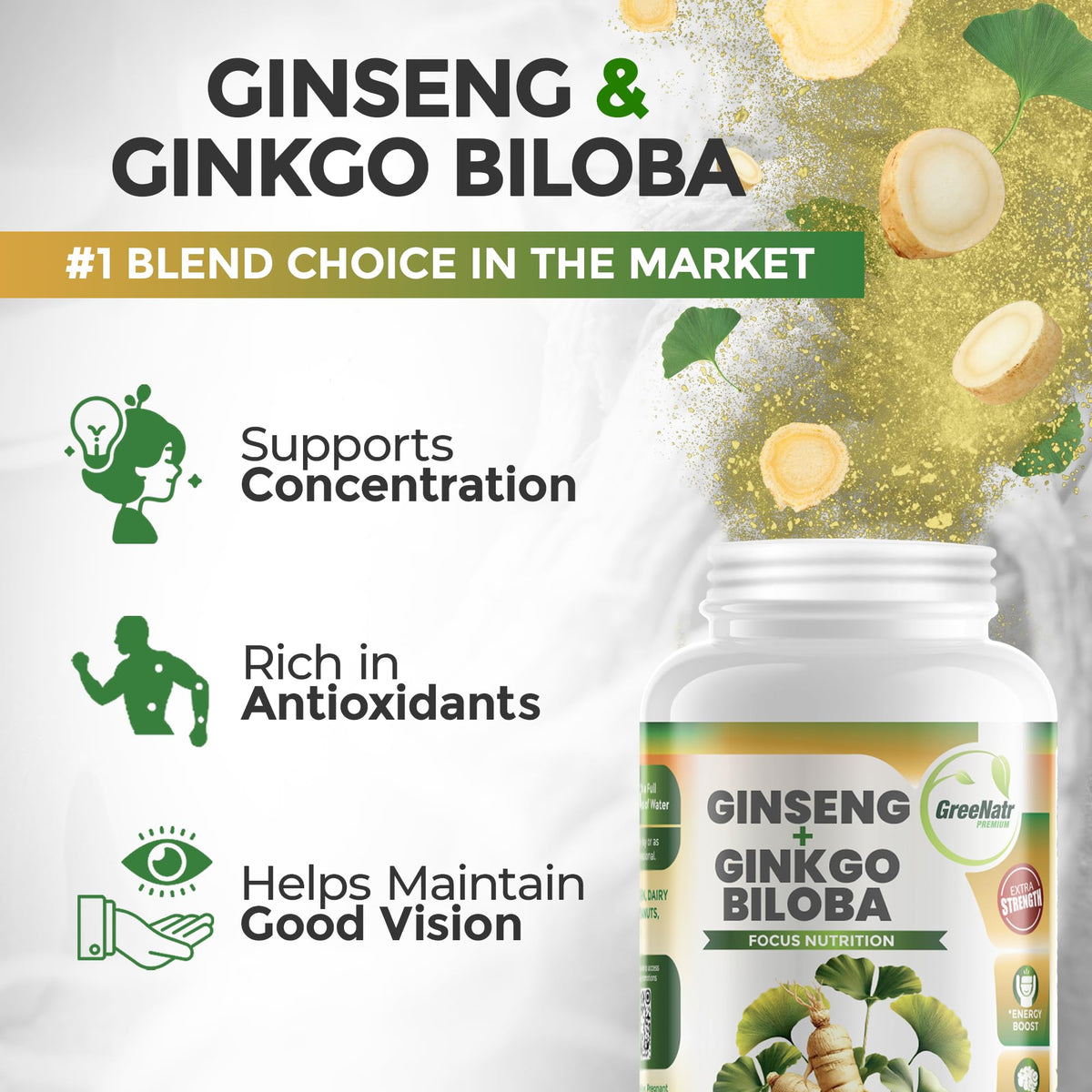 GreeNatr Ginkgo Biloba & Panax Ginseng Brain Supplement - 120 Tablets - image 2