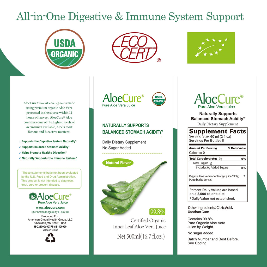 AloeCure USDA Organic Aloe Vera Juice Digestive Support - 2 x 500ml - image 4
