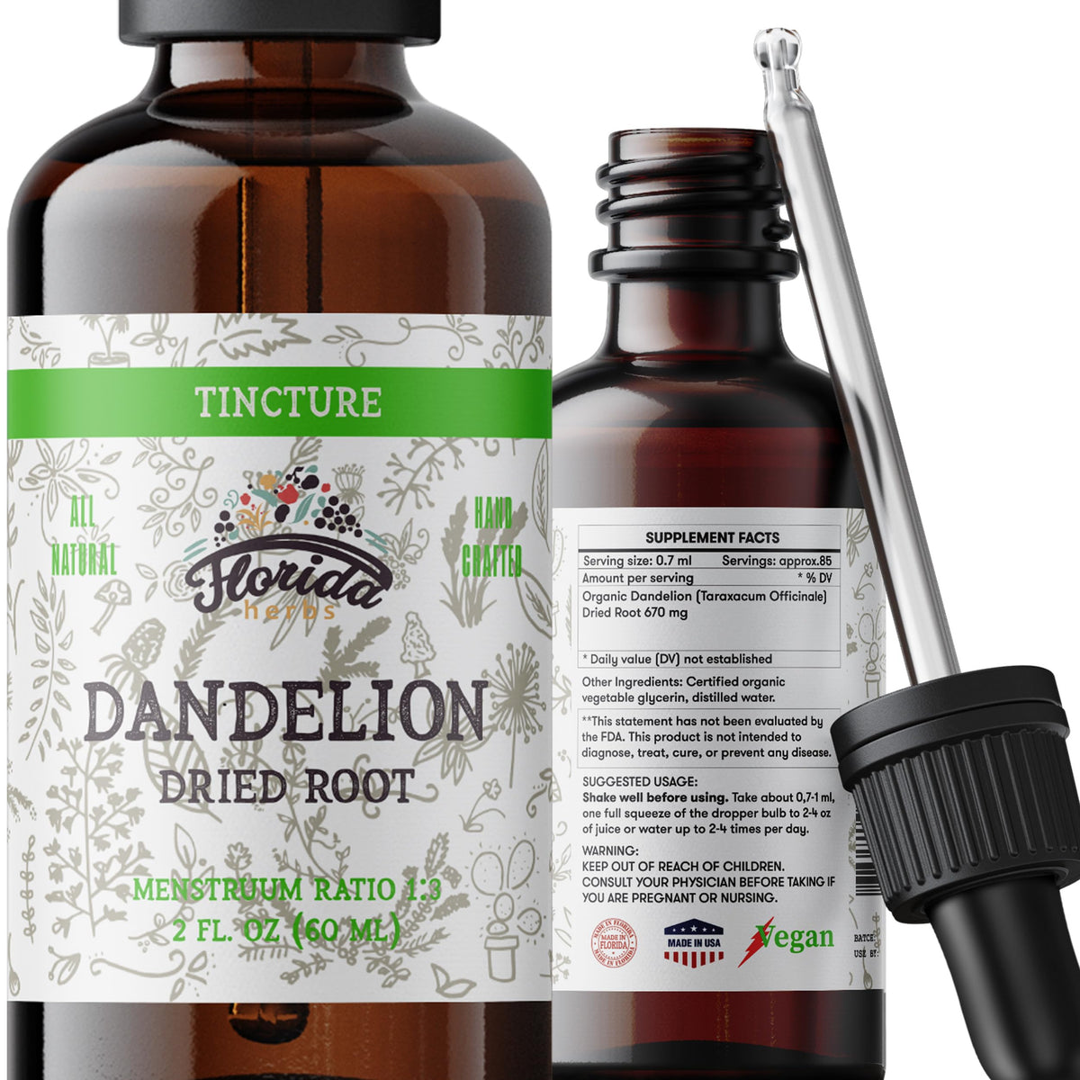 Florida Herbs Dandelion Root Tincture Organic Extract - 2 oz