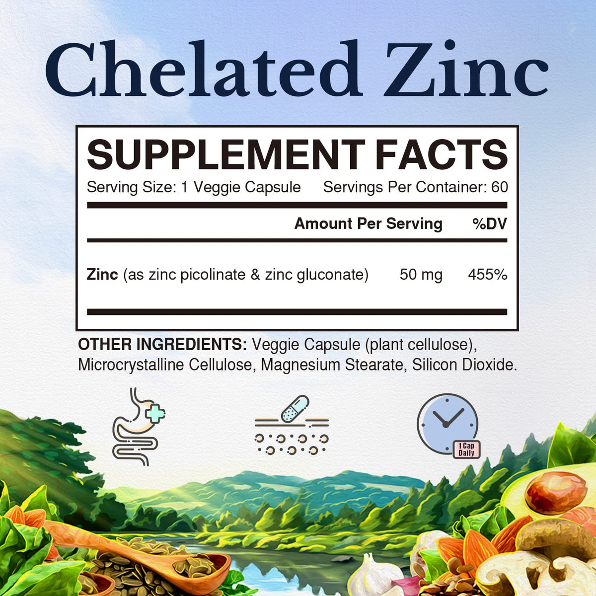 Vitalitown Chelated Zinc 50 mg Immune Support - 60 Vegetarian Capsules - image 2