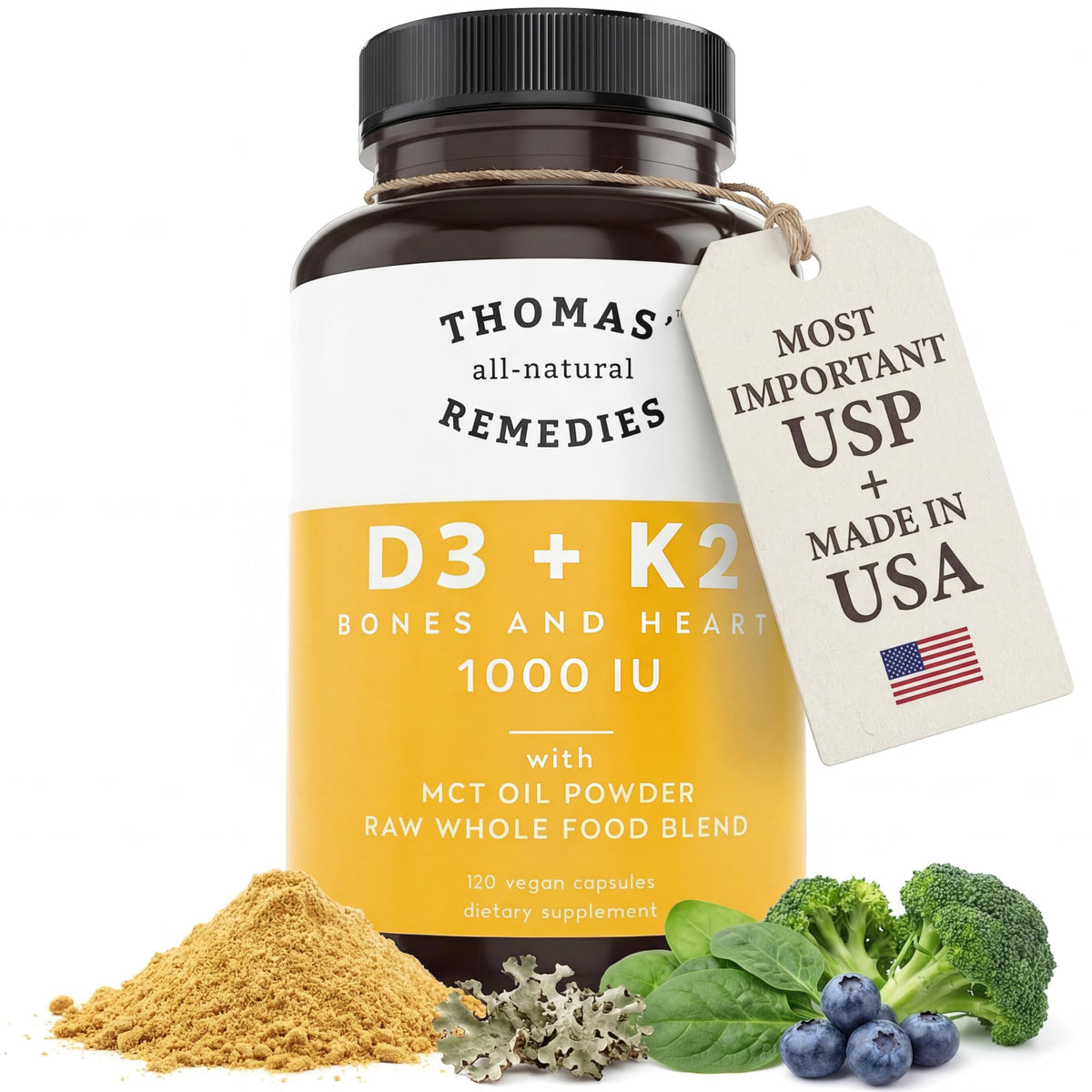 Thomas' All-Natural Remedies D3 + K2 1000 IU - 120 Capsules - image 2