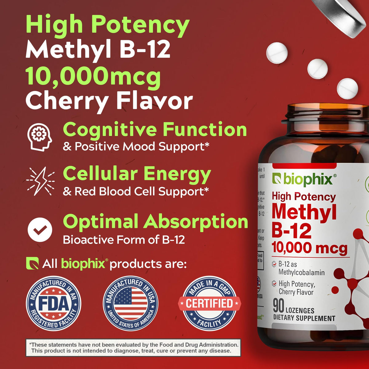 biophix Methyl B-12 10000 mcg Energy & Brain Focus - 90 Lozenges - image 2