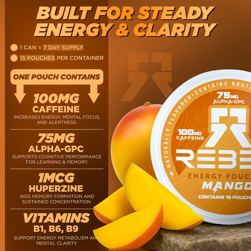 Rebel Nootropic Energy Caffeine Pouches • 100mg Caffeine • Alpha GPC