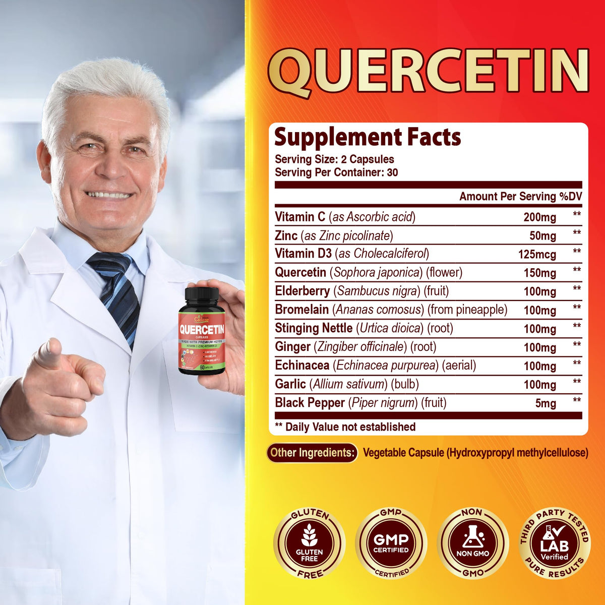 Organic Cadane Quercetin Extract with Vitamin C & D3 - 60 Capsules - image 3