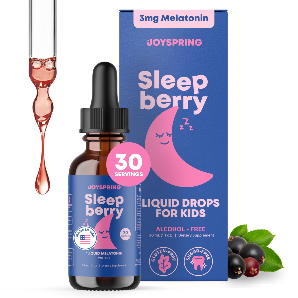 JoySpring Sleepberry - Kids Liquid Melatonin with Vitamin D