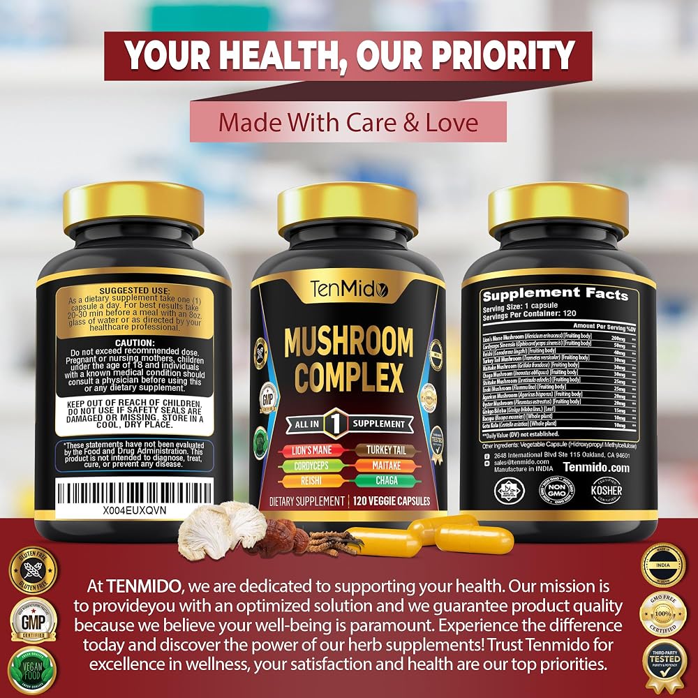 Tenmido Mushroom Complex Supplement 13-in-1 - 120 Capsules - image 7