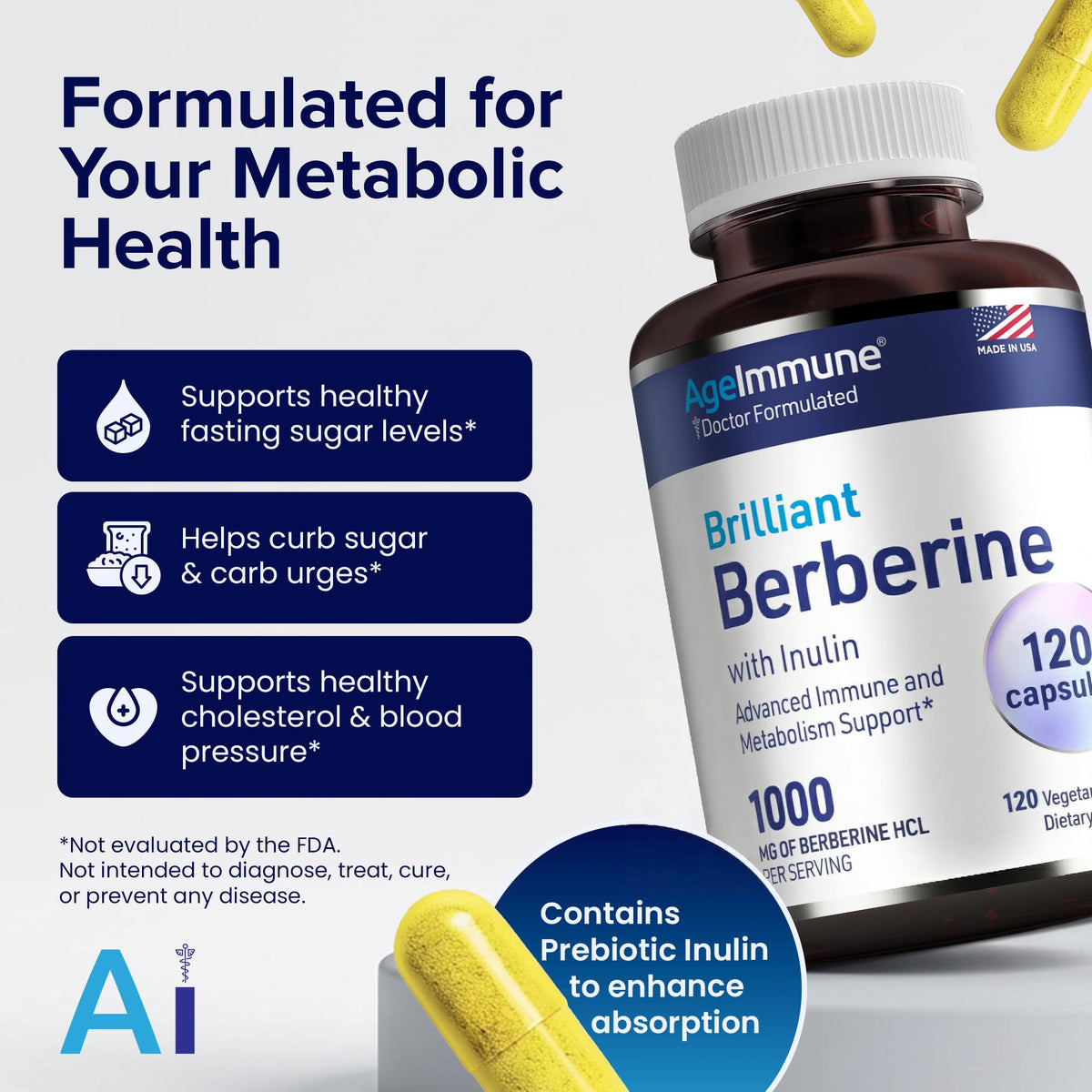 AgeImmune Berberine 1000mg Supplement with Inulin - 120 Capsules - image 5