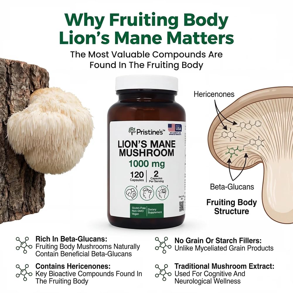 PRISTINE'S Lion's Mane 1000mg Mushroom Capsules - 120 Count - image 3