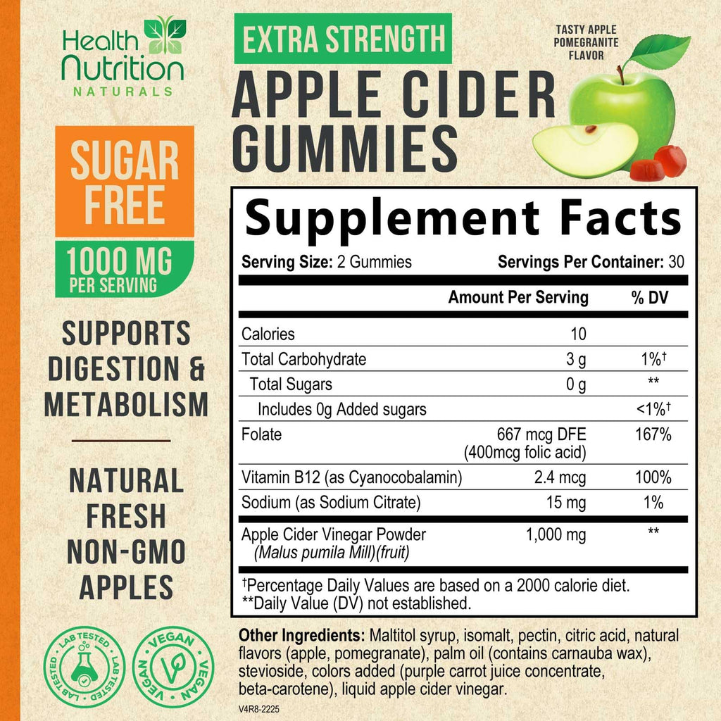 Health Nutrition Naturals Apple Cider Vinegar Gummies Zero Sugar