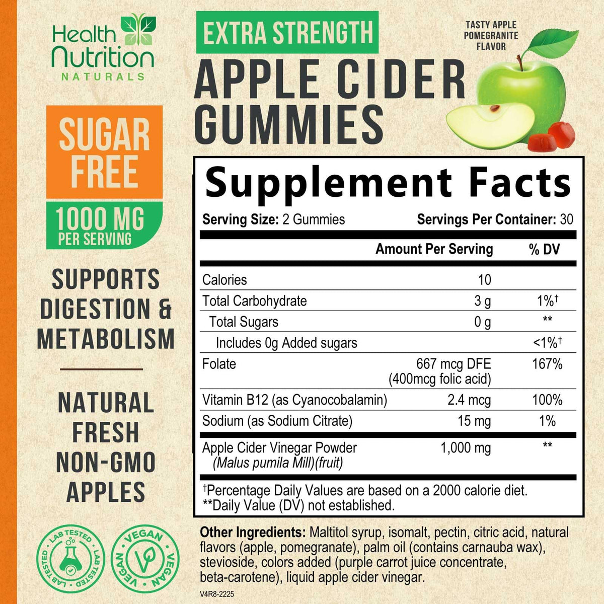 Health Nutrition Naturals Apple Cider Vinegar Gummies Zero Sugar