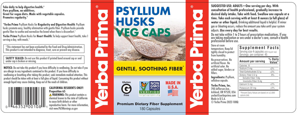 Yerba Prima Psyllium Husks Caps Dietary Fiber 625 mg