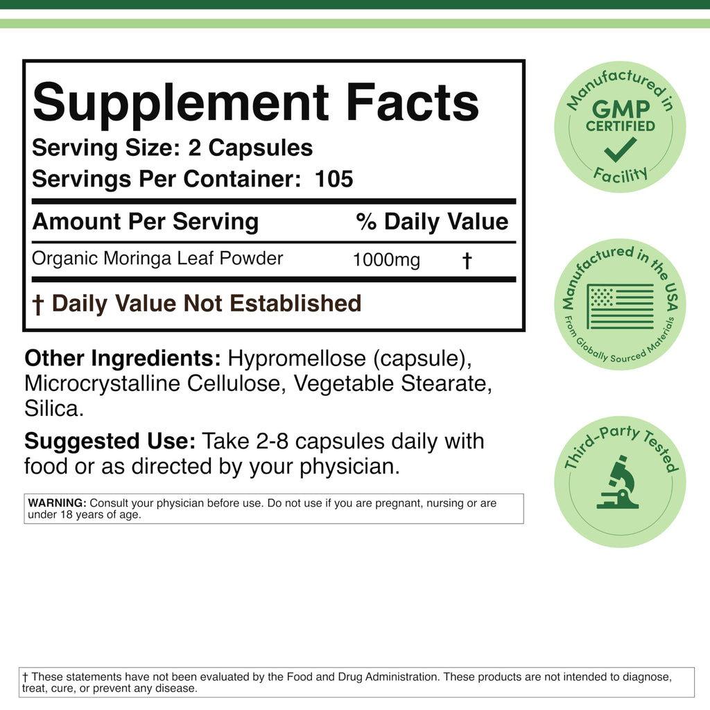 Double Wood Supplements Organic Moringa Leaf 1,000mg - 210 Capsules - image 2