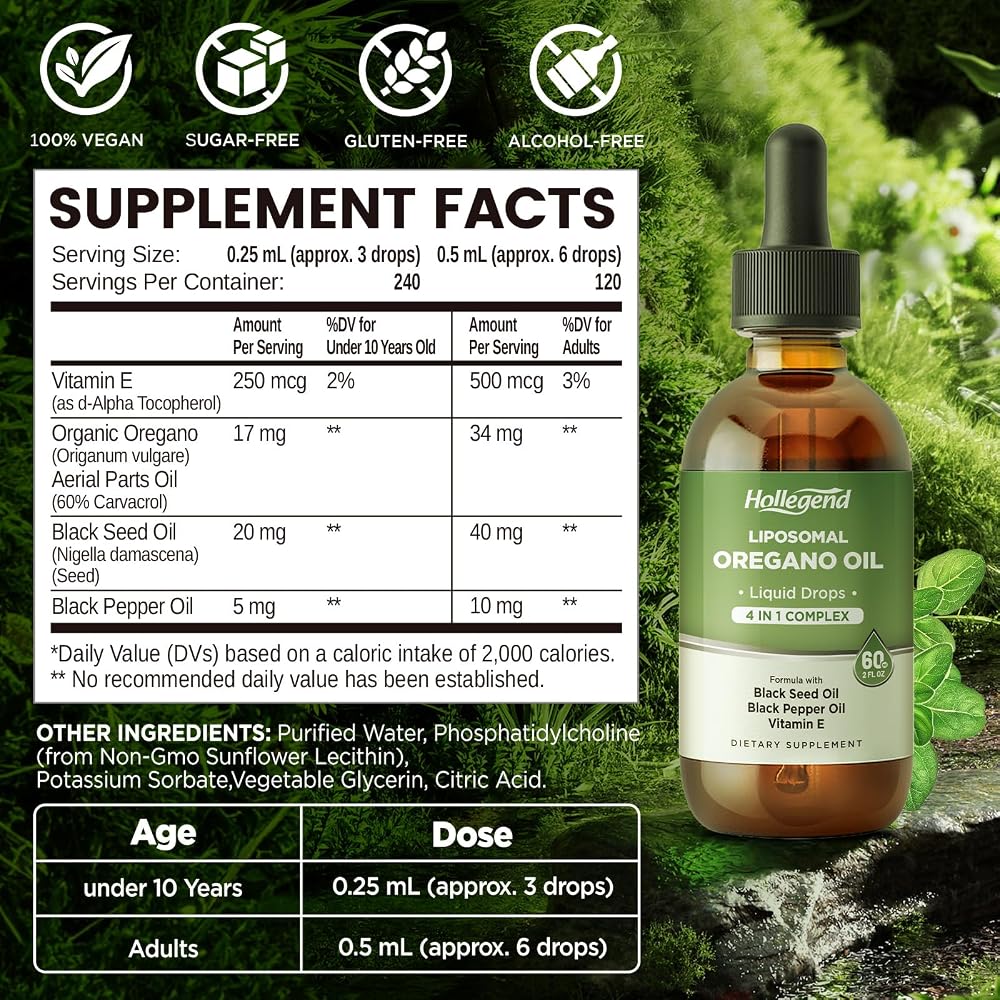 HOLLEGEND Liposomal Oregano Oil Liquid Drops Immune Support - 60ML - image 2