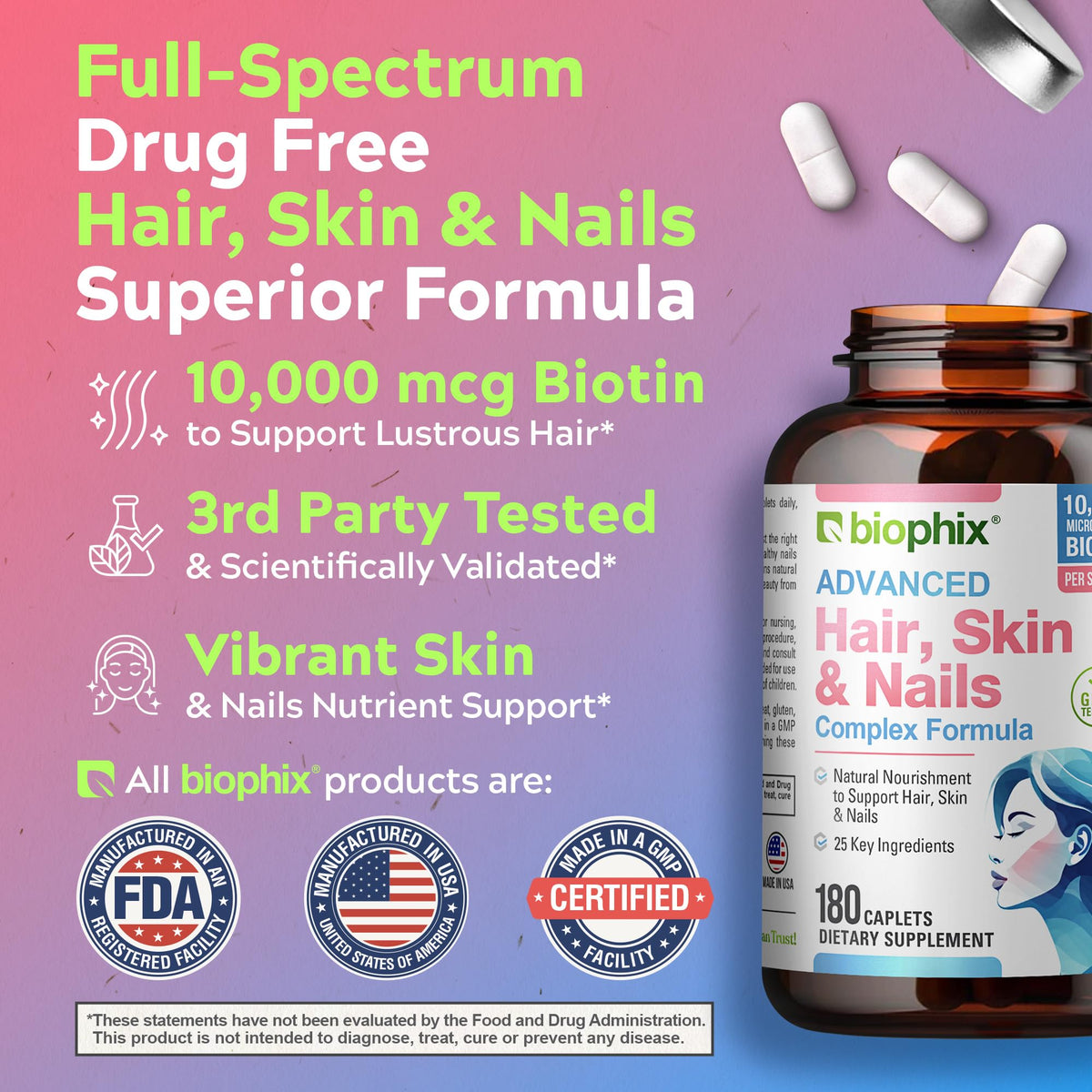 biophix Hair Skin and Nails Complex Biotin 10,000 mcg - 180 Caplets - image 5