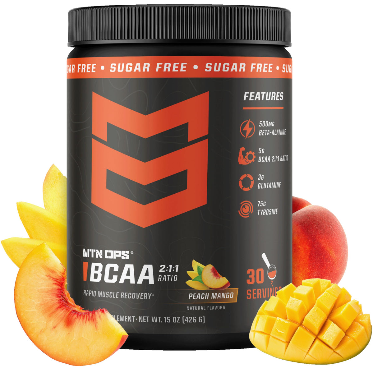 MTN OPS BCAA Powder for Muscle Recovery, Peach Mango - 14.1 oz