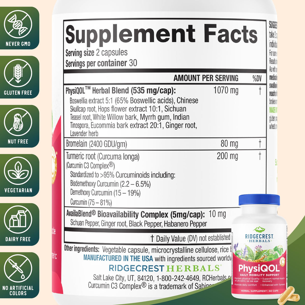 RidgeCrest Herbals PhysiQOL Turmeric Boswellia Joint Comfort - 60 Capsules - image 3