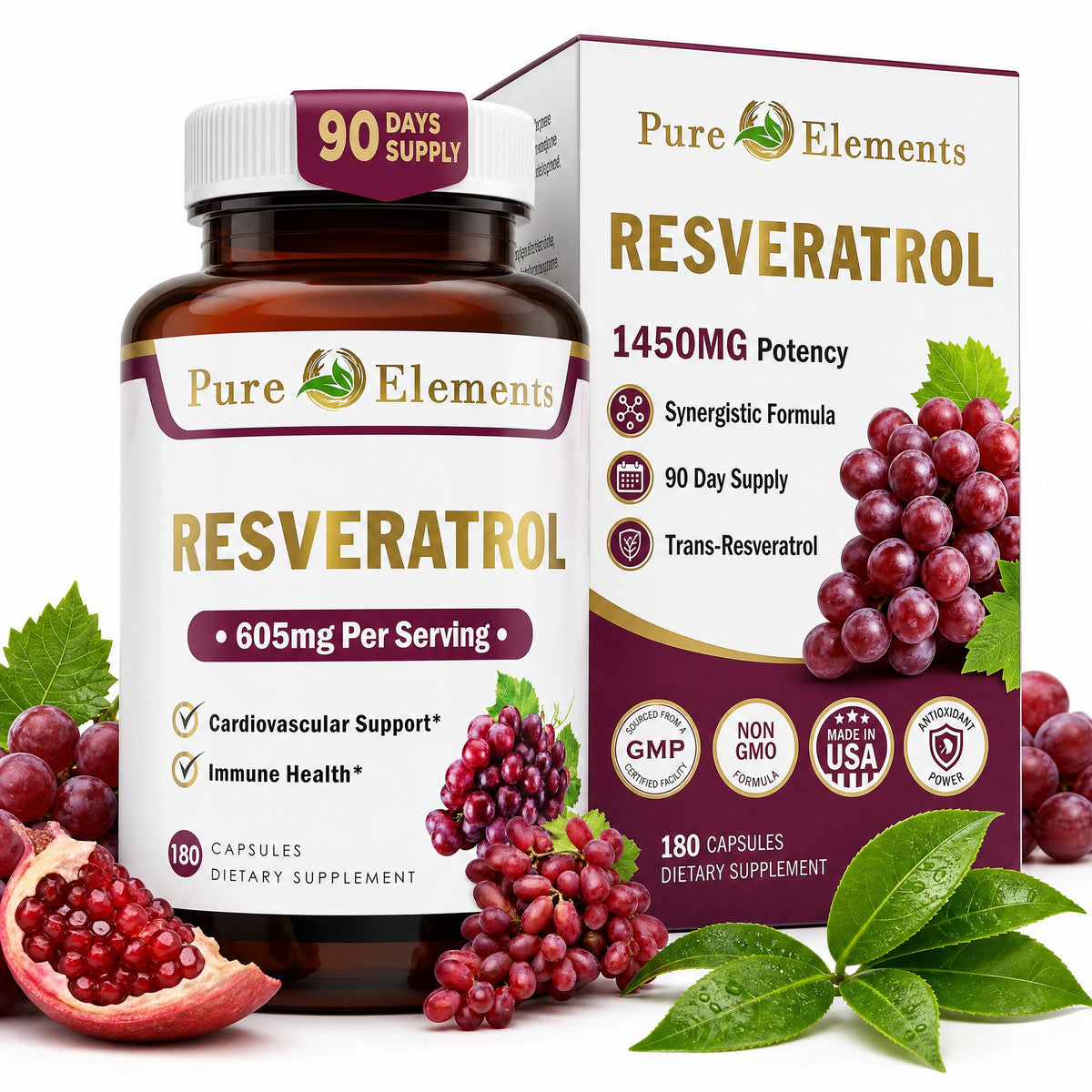 Pure Organic Elements Resveratrol 1450mg with Green Tea - 90 Capsules - image 3
