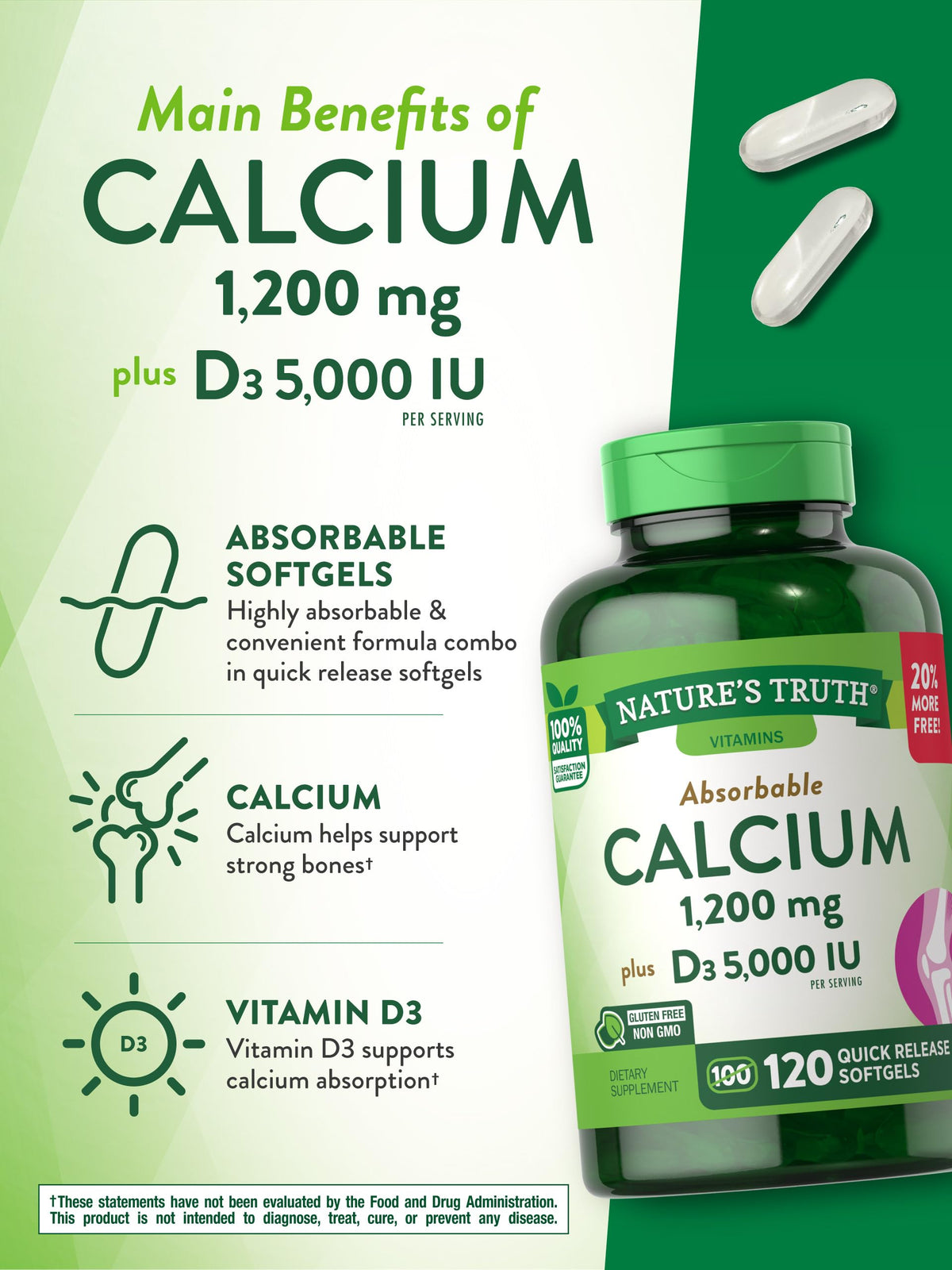 Nature's Truth Calcium 1200 mg Plus Vitamin D3 5000 IU - 120 Count - image 4